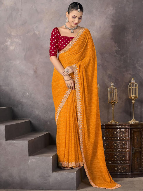 Vasthrlay Georgette Embrodery Unstitched Yellow Saree