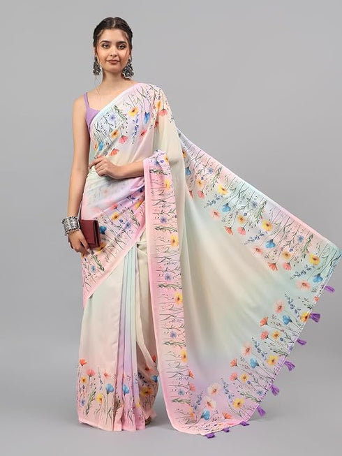 Vasthrlay Off White Floral Printed Georgette Saree With White Solid Georgette Unstitched Blouse