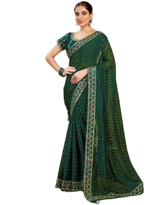 Vasthrlay Embroidery Bandhani Unstitched Rama Green Saree