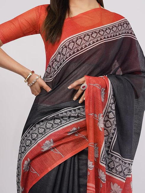 Vasthrlay Rust Kathakali Print Linen Saree With Gold Zari Border And Unstitched Blouse Piece