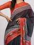 Vasthrlay Rust Kathakali Print Linen Saree With Gold Zari Border And Unstitched Blouse Piece