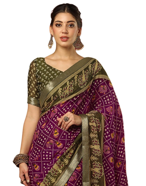 Vasthrlay Georgette Bandhani Unstitched Wine Saree