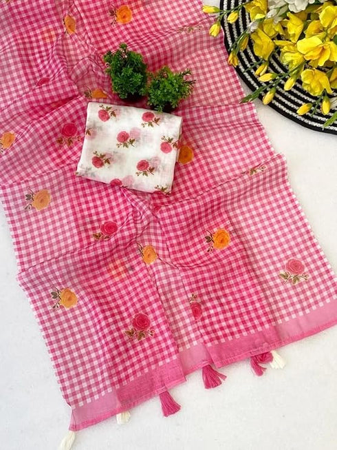 Vasthrlay Checked Pattern Tassels Unstitched