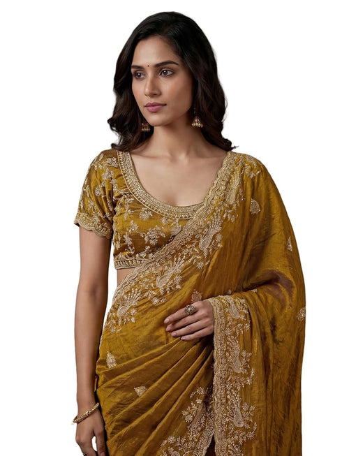 Vasthrlay Scalloped Embroidery Unstitched Dark Green Saree