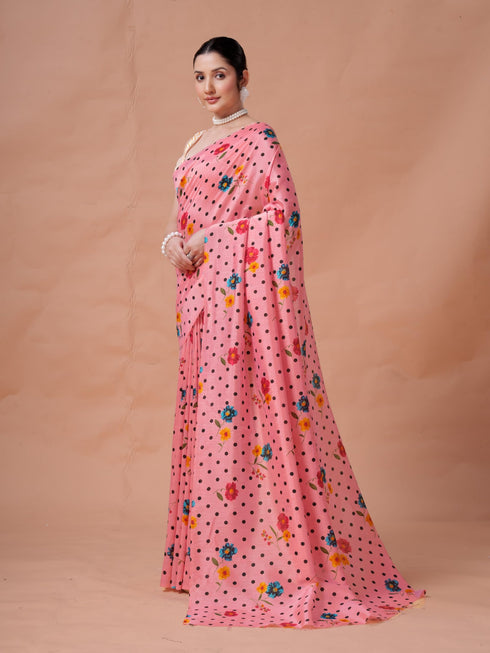 Vasthrlay White Floral Unstitched Saree