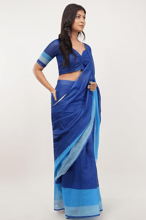 Vasthrlay Blue Skyblue Multi Print Design Linen Ready To Wear Saree