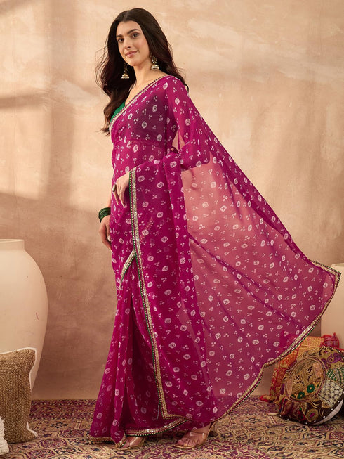 Vasthrlay Vasthrlaywomenspinkgeorgettebandhaniprintembroideredlaceworksareewithunstitchedblousepiece Sareeforwoman Designersareeforwomen Tr Ethnic Wear