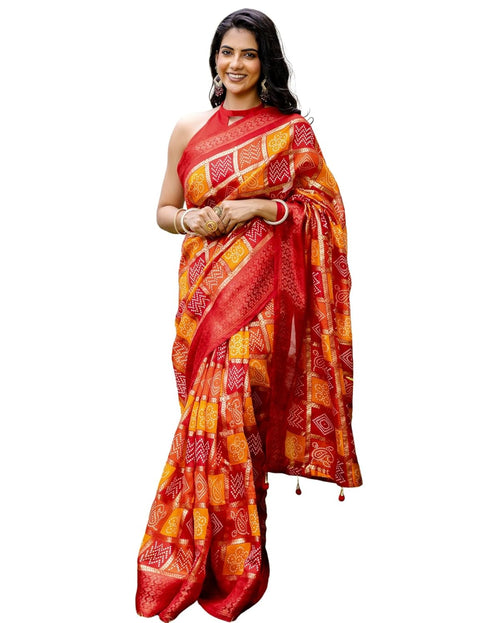 Vasthrlay Chanderi Bandhani Unstitched Red Saree