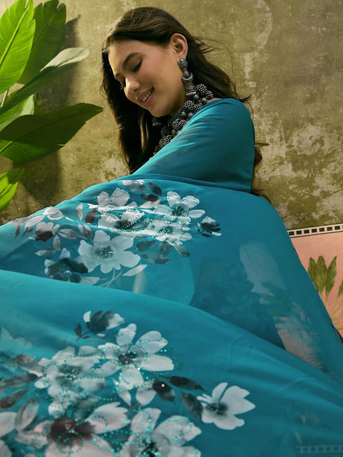 Vasthrlay Georgette Printed Unstitched Yellow Saree