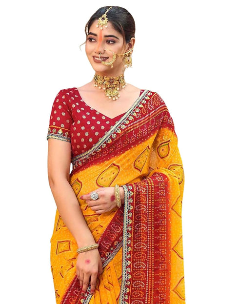 Vasthrlay Georgette Embroidery Yellow & Red Saree With Unstitched Blouse Piece