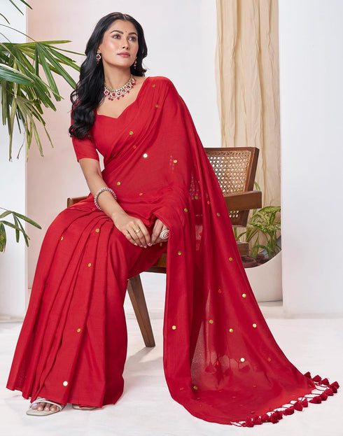 Vasthrlay Womens Sequence Red Saree With Unstitched Blouse Piece