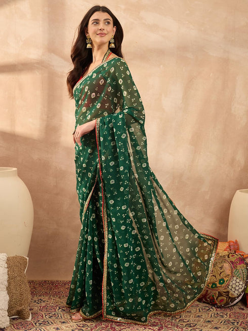 Vasthrlay Vasthrlaywomensgreengeorgettebandhaniprintembroideredlaceworksareewithunstitchedblousepiece Sareeforwoman Designersareeforwomen Tr Ethnic Wear