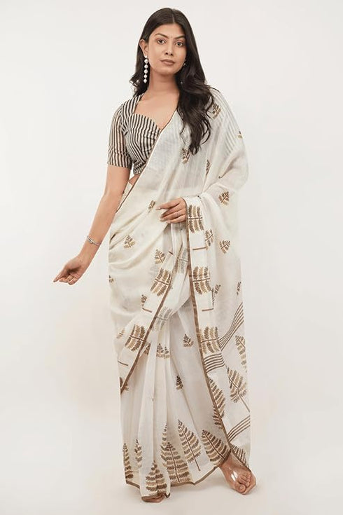 Vasthrlay Off White Womens Paisley Printed Linen Saree With Unstitched Blouse Piece