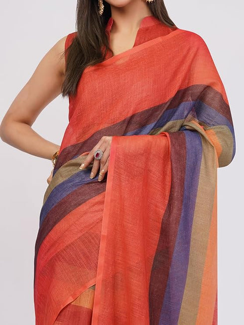Vasthrlay Multicolour Kathakali Print Linen Saree With Gold Zari Border And Unstitched Blouse Piece