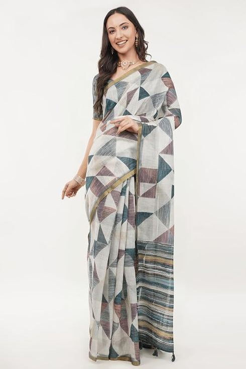 Vasthrlay Off White4 Rose Botanical Printed Linen Saree With Self Woven Border And Unstitched Blouse Piece