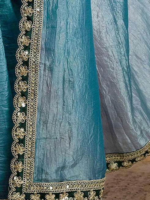Vasthrlay Sequins Embroidery Olive Saree
