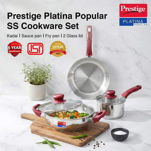 Prestige Stainless Steel 3 Pc Cookware Set with 2 Glass Lids