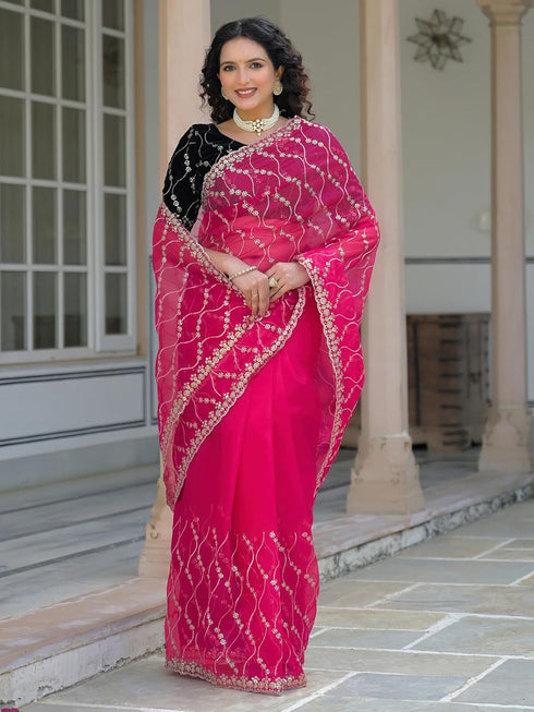 Vasthrlay Embroidery Scalloped Unstitched Navy Blue Saree