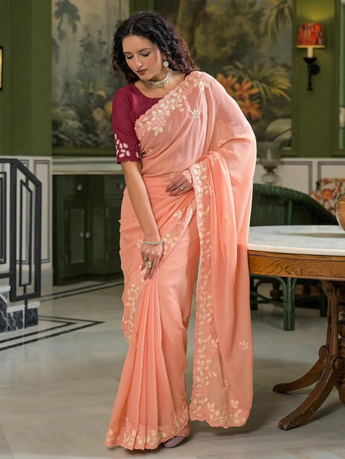 Vasthrlay Shimmer Scalloped Wine Saree