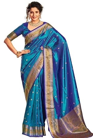 Vasthrlay Kanjivaram Silk Blue Saree With Zari With Blouse Piece