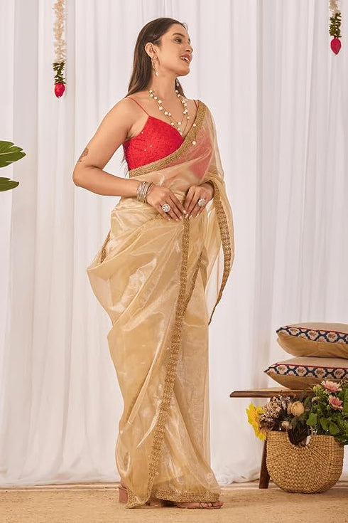Vasthrlay Beige Womens Shimmer Ready To Wear Saree