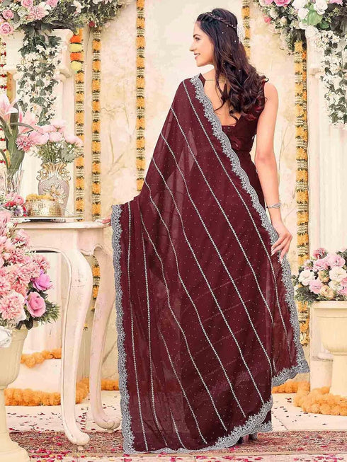 Vasthrlay Georgette Embroidery Wine Saree