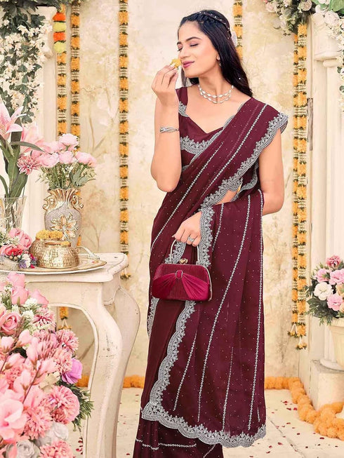 Vasthrlay Georgette Embroidery Wine Saree