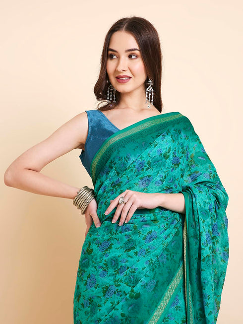 Vasthrlay Cotton Printed Mulmul Blue Saree