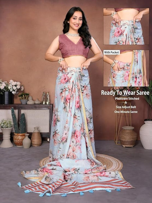 Vasthrlay Powder Blue Digital Print Linen Ready To Wear Saree