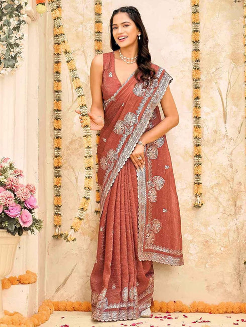 Vasthrlay Scalloped Embroidery Turquoise Saree