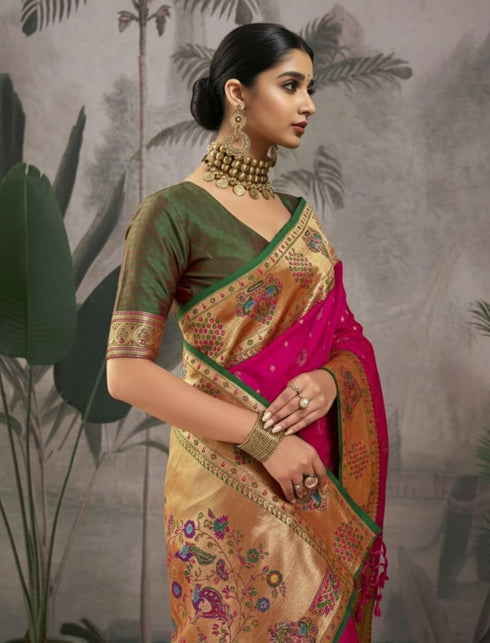 Vasthrlay Women's Paithani Unstitched Blouse Saree