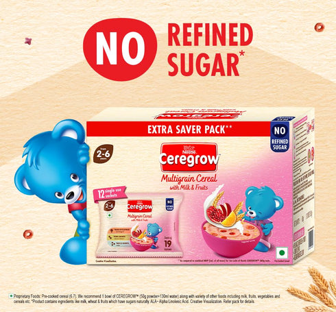 Ceregrow No Refined Sugar | Multigrain, Milk & Fruits Cereal | Sachets