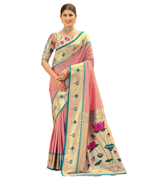 Vasthrlay Paithani Kanjivaram Unstitched Pink Saree