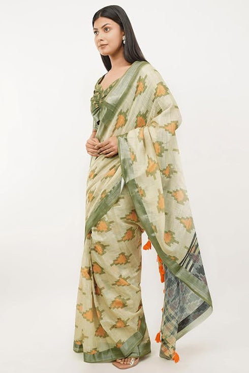 Vasthrlay Womens Green Paisley Printed Linen Saree With Unstitched Blouse Piece