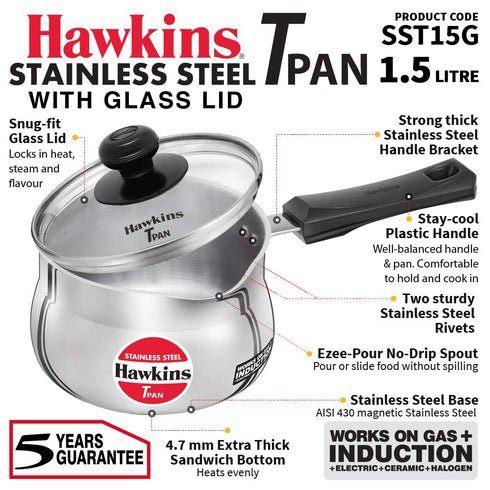 Hawkins Stainless Steel Tpan 1.5 Liter with Glass lid