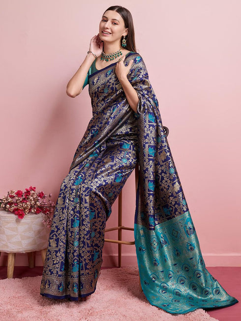 Vasthrlay Blue Banarasi Traditional Unstitched Saree