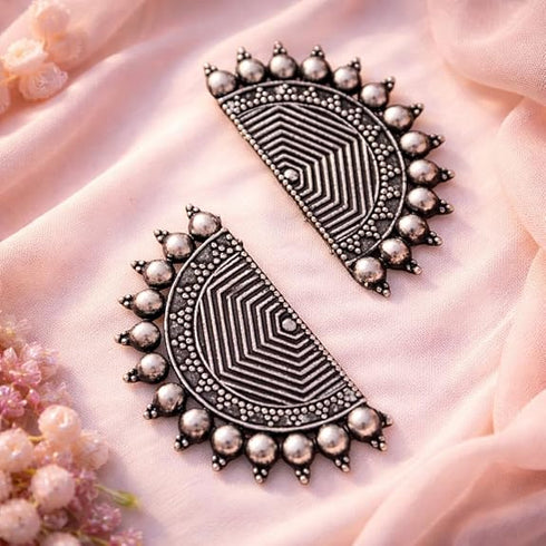 Oxidized Silver Earrings Half Moon Geometric Tribal Design