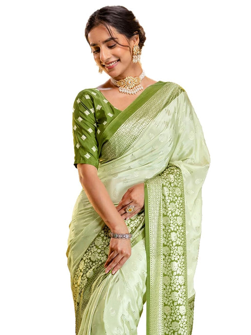 Vasthrlay Womens Printed Unstitched Light Green Saree