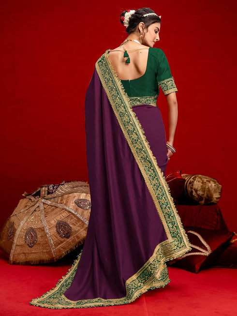 Vasthrlay Vichitra Embroidery Unstitched Red Saree