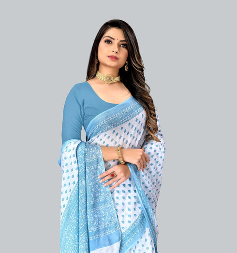 Vasthrlay Cotton Printed Mulmul Cream Saree