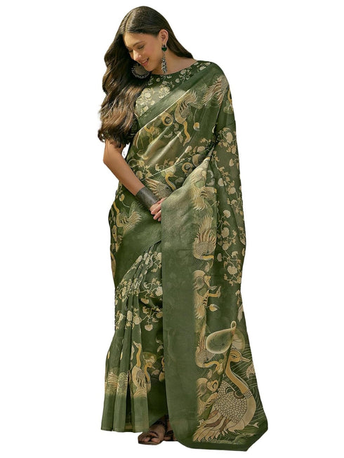 Vasthrlay Shimmer Printed Unstitched Lime Green Saree