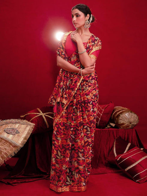 Vasthrlay Chiffon Tassels Wine Saree With Unstitched Blouse Piece