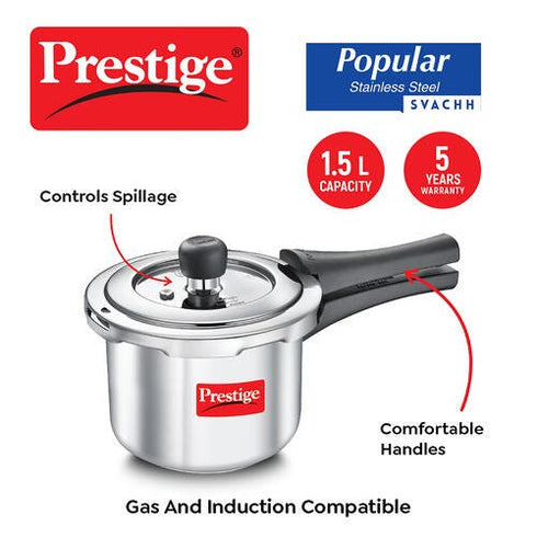 Prestige Svachh Popular Spillage Control Stainless Steel Pressure Cooker Silver 1.5 L