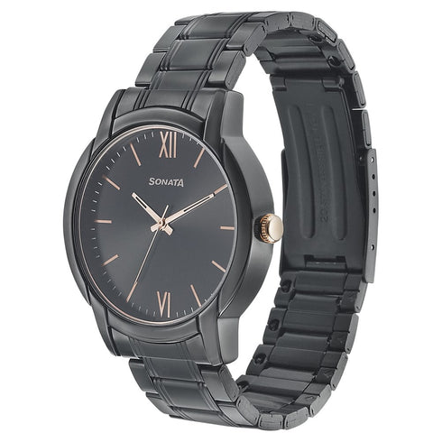Sonata Beyond Gold Quartz Analog Black Dial Metal Strap Watch for Men