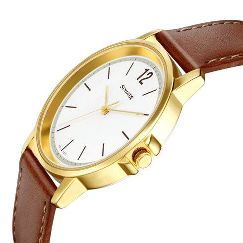 Sonata Quartz Analog White Dial Leather Strap Watch for Men Style NU77083YL02W