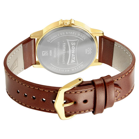 Sonata Quartz Analog White Dial Leather Strap Watch for Men Style NU77083YL02W