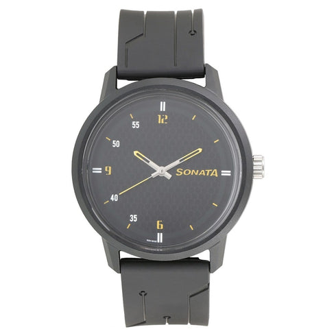 Sonata Quartz Analog Black Dial Plastic Strap Watch for Men Style NU77085PP03W