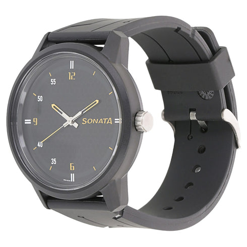 Sonata Quartz Analog Black Dial Plastic Strap Watch for Men Style NU77085PP03W