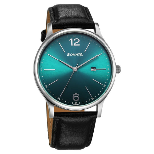 Sonata Aspire Quartz Analog with Date Green Dial Leather Strap Watch For Men