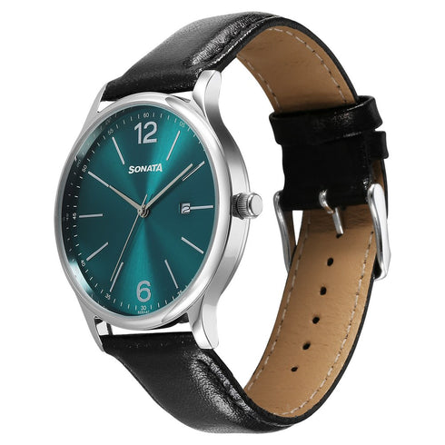 Sonata Aspire Quartz Analog with Date Green Dial Leather Strap Watch For Men